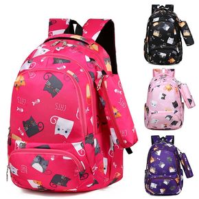 2-pack Women Laptop Backpack Cute Cat Pattern Waterproof Work Backpack College Student School Bag with Pen Pencil Case