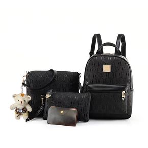 4-pack Women Pure Color Backpack Wallet Shoulder Messenger Bag Clutch Coin Purse Set (With Toy Bear)