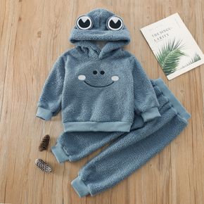 2-piece Toddler Boy Frog Embroidered Fleece Lined Fuzzy Teddy Hoodie Sweatshirt and Pants Set