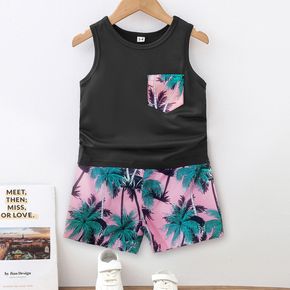 2pcs Toddler Boy Vacation Floral Print Tank Top & Quick Dry Shorts Set
