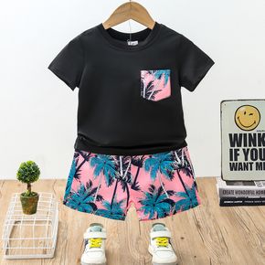 2pcs Toddler Boy Vacation Floral Print Pocket Tee & Quick-Dry Shorts Set