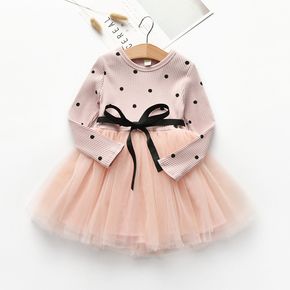 Toddler Girl Polka dots Belted Mesh Splice Long-sleeve Dress