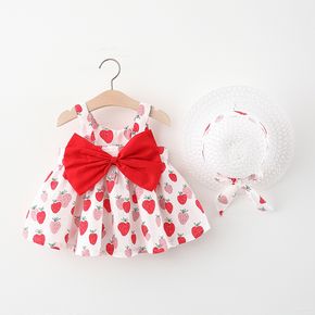 100% Cotton 2pcs Baby Girl All Over Red Strawberry Print Sleeveless Bowknot Dress with Hat Set