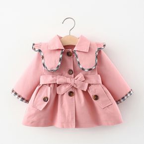 Baby Girl Pink Cape Collar Belted Single Breasted Long-sleeve Trench Coat
