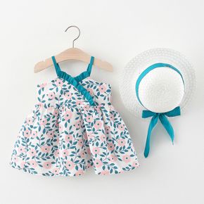 2pcs Baby Girl Allover Floral Print Sleeveless Spaghetti Strap Dress with Hat Set