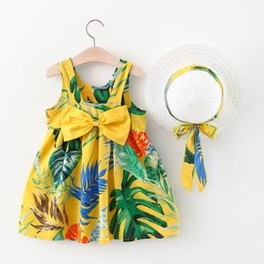 2-piece Toddler Girl 100% Cotton Floral Leaf Print Bowknot Design Strap Dress and Straw Hat Set