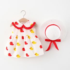 100% Cotton 2pcs Baby Girl Allover Cartoon Duck Print Ruffle Peter Pan Collar Sleeveless Dress with Hat Set