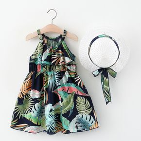 2-piece Toddler Girl Floral Leaf Print Halter Dress and Straw Hat Set