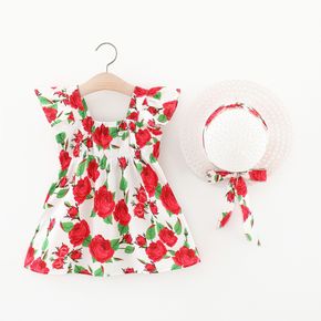 2pcs Toddler Girl Floral Print Ruffled Sleeveless Dress and Straw Hat Set