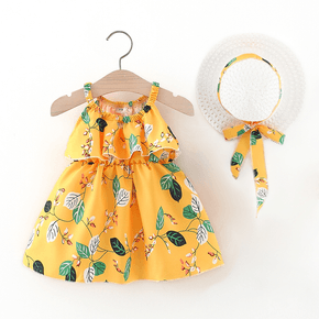 2pcs Baby Girl Yellow Sleeveless Floral Print Ruffle Dress with Hat Set