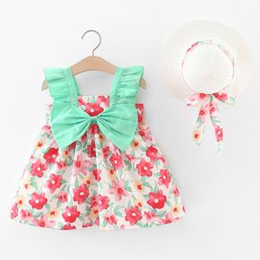 2pcs Baby Girl Allover Floral Print Bow Front Ruffle Trim Tank Dress with Hat Set