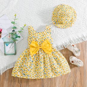 2pcs Baby Girl Allover Yellow Floral Print Bow Front Tank Dress with Hat Set