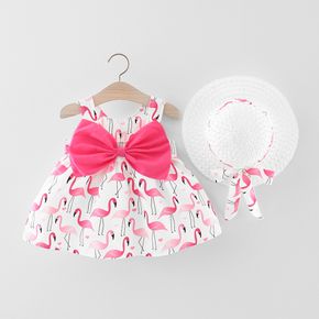 2pcs Baby Girl Bow Front Allover Flamingo Print Tank Dress with Straw Hat Set