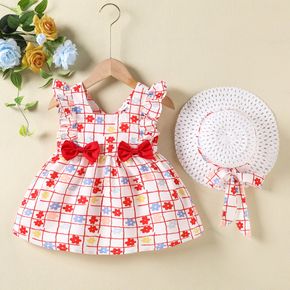 2pcs Baby Girl Bow Front Allover Floral Print Ruffle Trim Tank Dress with Straw Hat Set