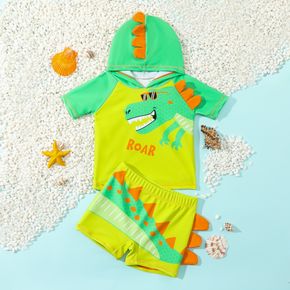 2pcs Toddler Boy Dinosaur Print Hooded Tee and Shorts Swimsuit Set