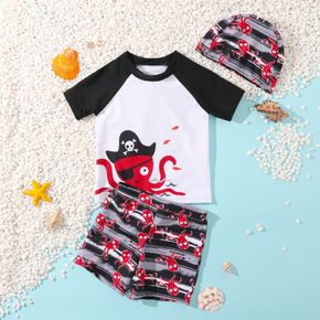 3pcs Toddler Boy Playful Octopus Print Swimsuit and Cap Set