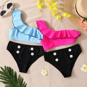 2pcs Kid Girl Flounce One Shoulder Top and Button Design Briefs Swimsuit Set