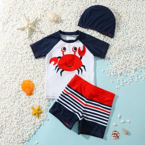3pcs Toddler Boy Playful Crab Print Top & Stripe Shorts and Cap Swimsuit Set