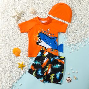 3pcs Toddler Boy Vacation Shark Print Top & Shorts and Cap Swimsuit Set
