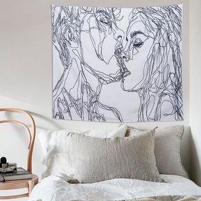 Abstract Sketch Art Kiss Lovers, Black and White Line Art Romantic Wall Hanging Tapestries for Living Room Bedroom Decorations