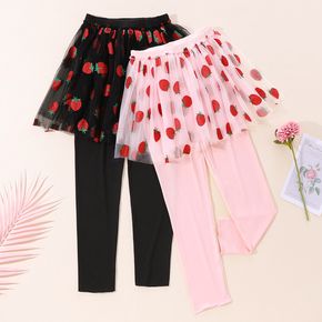 Kid Girl Fruit Strawberry Print Mesh Design Skirt Leggings