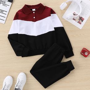 2-piece Kid Boy Colorblock Lapel Collar Button Design Sweatshirt and Black Pants Set