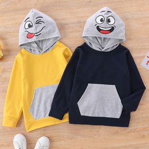 Kid Boy Face Emoji Print Colorblock Pocket Design Hoodie Sweatshirt