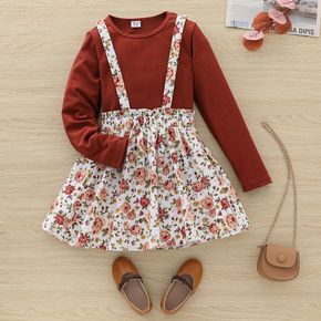 2-piece Kid Girl Round-collar Long-sleeve Ribbed Top and Floral Print Suspender Skirt Set