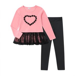2-piece Kid Girl Heart Floral Embroidered Lace Design Long-sleeve Top and Black Pants Set