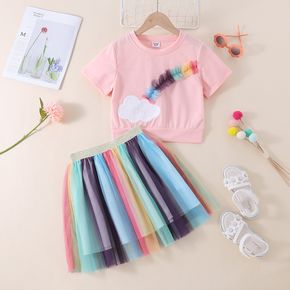2-piece Kid Girl Cloud Embroidered Mesh Design Pink Tee and Elasticized Colorful Mesh Skirt Set