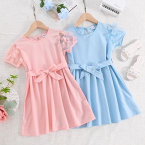 Kid Girl 3D Floral Mesh Design Belted Solid Color Short-sleeve Dress