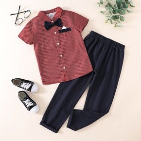 2pcs Kid Boy Bow tie Design Lapel Collar Stripe Short-sleeve Shirt and Elasticized Pants Gentleman Party Set