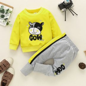 2pcs Baby Boy Cartoon Cow Embroidered Letter Print Long-sleeve Sweatshirt with Colorblock Pants Set