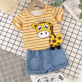 2pcs Baby Boy/Girl Cartoon Giraffe Print Striped Short-sleeve Tee and Denim Shorts Set