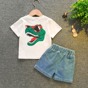 2pcs Baby Boy Cartoon Dinosaur Print Short-sleeve T-shirt and Denim Shorts Set