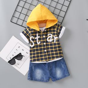 2pcs Baby Boy Short-sleeve Hooded Button Up Letter Print Top and Denim Shorts Set