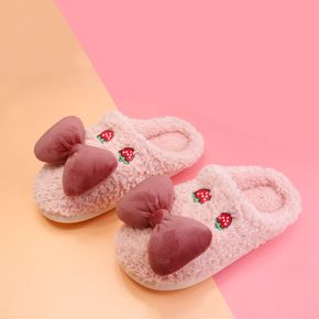 Bow Decor Strawberry Graphic Plush Slippers House Indoor Warm Plush Slippers