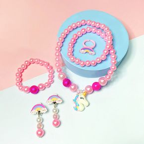 4-pack Cartoon Unicorn Pendant Beaded Necklace Bracelet and Rainbow Ring Earrings Jewelry Set for Girls