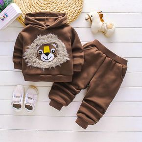 2-piece Toddler Boy Fuzzy Animal Embroidered Hoodie Sweatshirt and Pants Casual Set