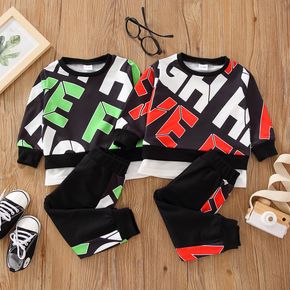 2pcs Baby Boy All Over Letter Print Long-sleeve Pullover Sweatshirt and Joggers Pants Set