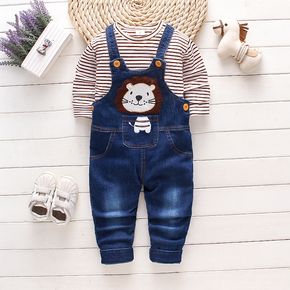 2pcs Toddler Boy Playful Lion Embroidered Denim Overalls and Stripe Long-sleeve Tee Set