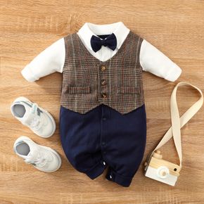 100% Cotton Gentleman Baby Lapel Bowtie Long-sleeve Faux-two Jumpsuit