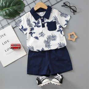 2pcs Toddler Boy Vacation Floral Print Polo Shirt and Shorts Set