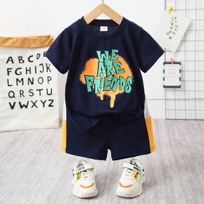 2pcs Toddler Boy Casual Letter Print Tee and Colorblock Shorts Set