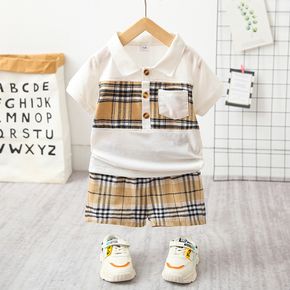 2pcs Toddler Boy Classic Plaid Splice Polo Shirt and Shorts Set