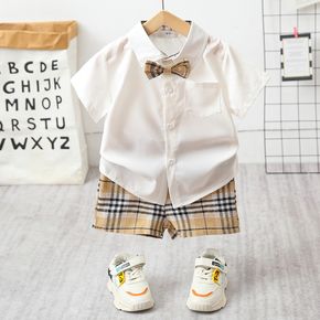 2pcs Toddler Boy Gentleman Suit White Shirt and Plaid Shorts Set