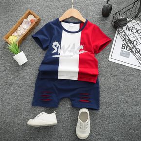 2pcs Toddler Boy Trendy Letter Print Colorblock Tee and Ripped Shorts Set