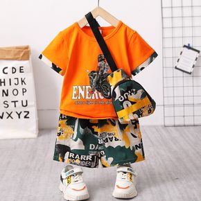 2pcs Toddler Boy Trendy Letter Vehicle Print Splice Tee and Camouflage Print Shorts Set