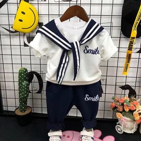 3pcs Toddler Boy Preppy style Letter Print Tee & Striped Sailor Collar Cape and Pants Set