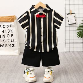 2pcs Toddler Boy Gentleman Suit, Stripe Bow tie Design Shirt and Shorts Set